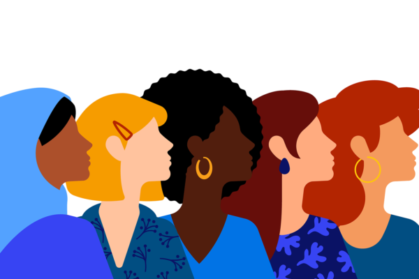 Illustration of five diverse women in profile, each with different skin tones, hairstyles, and clothing, standing side by side against a white background—celebrating women’s health and individuality.