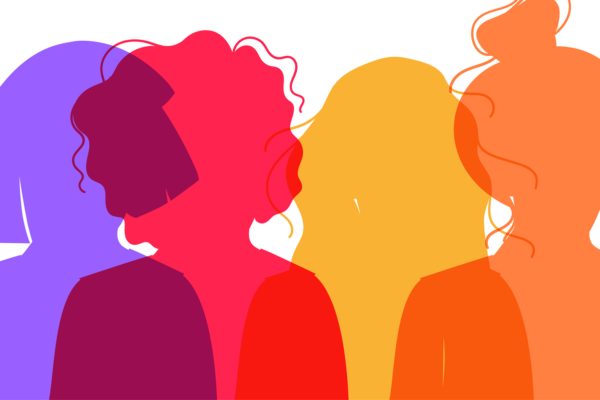 Colorful overlapping silhouettes of four women, each in different shades of purple, red, yellow, and orange, celebrate women’s health against a white background. The figures feature various hairstyles and face no specific direction.