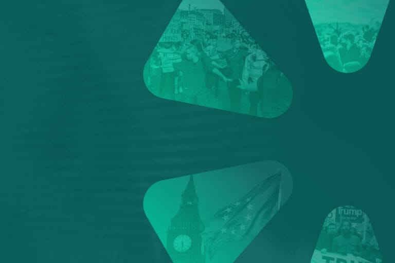 A teal-tinted collage features triangular panels with images of crowds, protestors holding signs, Big Ben, and a flag—blending geometric layout with faded elements that highlight reputation experts at the heart of pivotal moments.