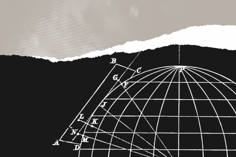 A graphic with torn paper edges reveals a geometric drawing of a globe, with labeled lines, points, and angles in white—evoking how polarising topics often divide scientists and the public—set on a black background with a beige area above.