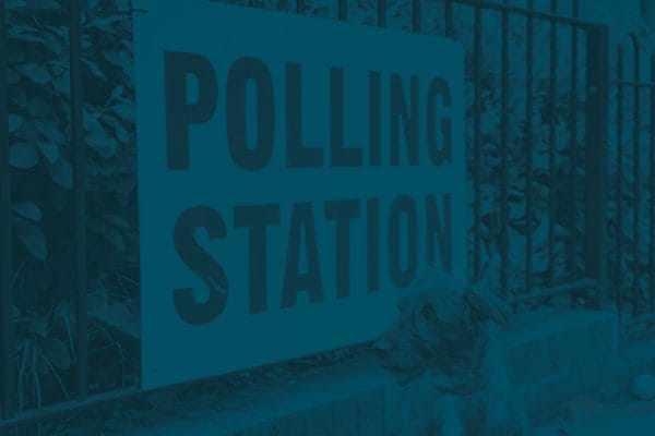 A dog sits near a sign reading POLLING STATION attached to a metal fence, with greenery in the background—a quiet moment as voters cast ballots in local by-elections.