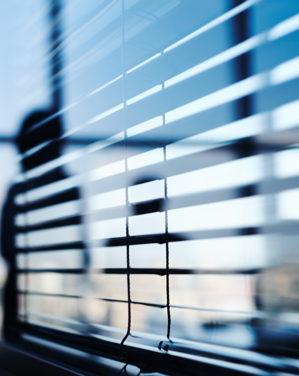 A close-up view of horizontal window blinds, with the blurry silhouettes of two people visible in the background through the glass—an intimate indoor scene subtly reflecting hidden truths shaped by pandemic effects and natural light streaming in.