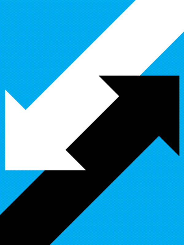 A bold black arrow pointing up and to the right overlaps with a white arrow pointing down and to the left, set against a bright blue background with diagonal lines.