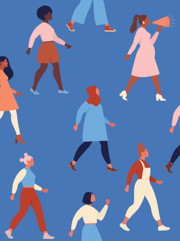 Illustration of diverse women walking confidently in different outfits and poses, set against a blue background. One woman speaks into a megaphone, symbolizing empowerment, solidarity, and the ongoing pursuit of answers in Women’s Health for 2022.