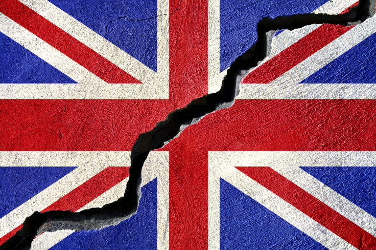 Union Jack with crack through it