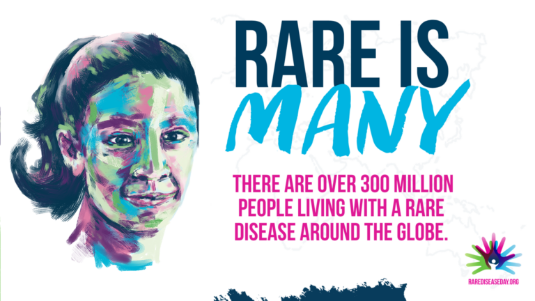A colorful painted portrait of a woman is next to bold text: RARE IS MANY. Below, it reads, There are over 300 million advocates and supporters living with a rare disease around the globe. The Rare Diseases Academy logo is at the bottom right.