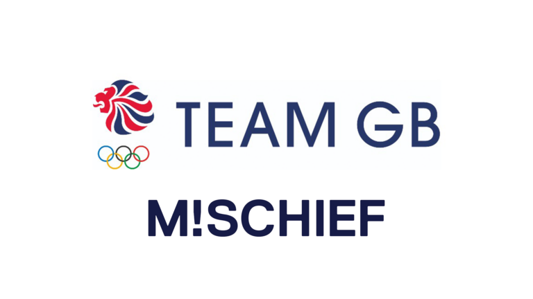 The image shows the TeamGB logo with a stylized lion and Olympic rings above the words TEAM GB, and M!SCHIEF in bold letters below, celebrating Mischief at the Paris Olympic Games.
