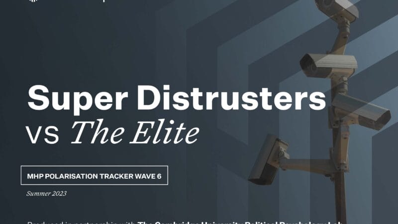 A group of surveillance cameras on a pole set against a blue background, with the text: Super Distrusters vs The Elite, highlighting the challenge for communicators. MHP Group Polarisation Tracker Wave 6, Summer 2023, in partnership with Cambridge University Political Psychology Lab.