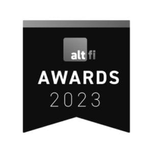 A black ribbon-shaped banner with the altfi logo at the top and the words AWARDS 2023 in bold white letters below.