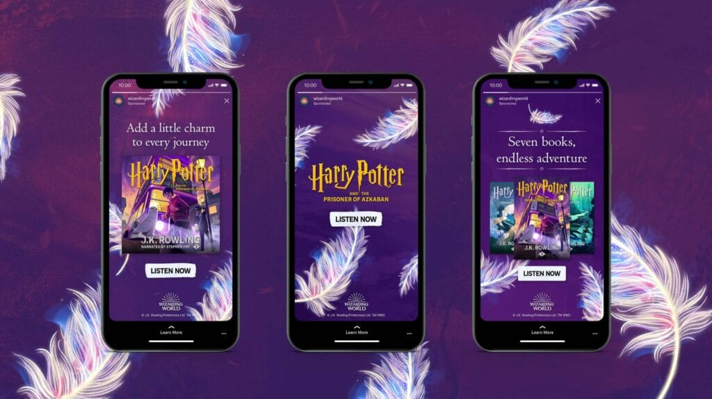 Three smartphones display Harry Potter audiobook ads, each with book cover art, “Listen Now” buttons, and text promoting magical journeys and avanti adventures. The background is purple with white feather illustrations.