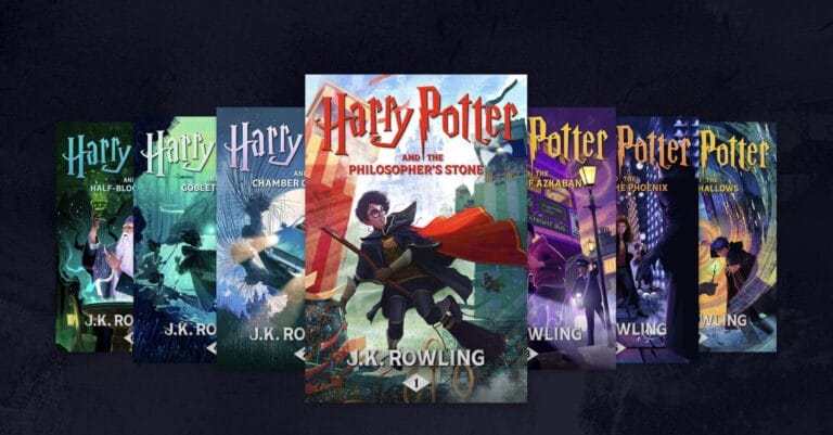Seven illustrated Harry Potter book covers are displayed in a row, with Harry Potter and the Philosophers Stone by J.K. Rowling prominently in the center—featuring Avanti style artwork of a boy in glasses and a red scarf holding a wand.