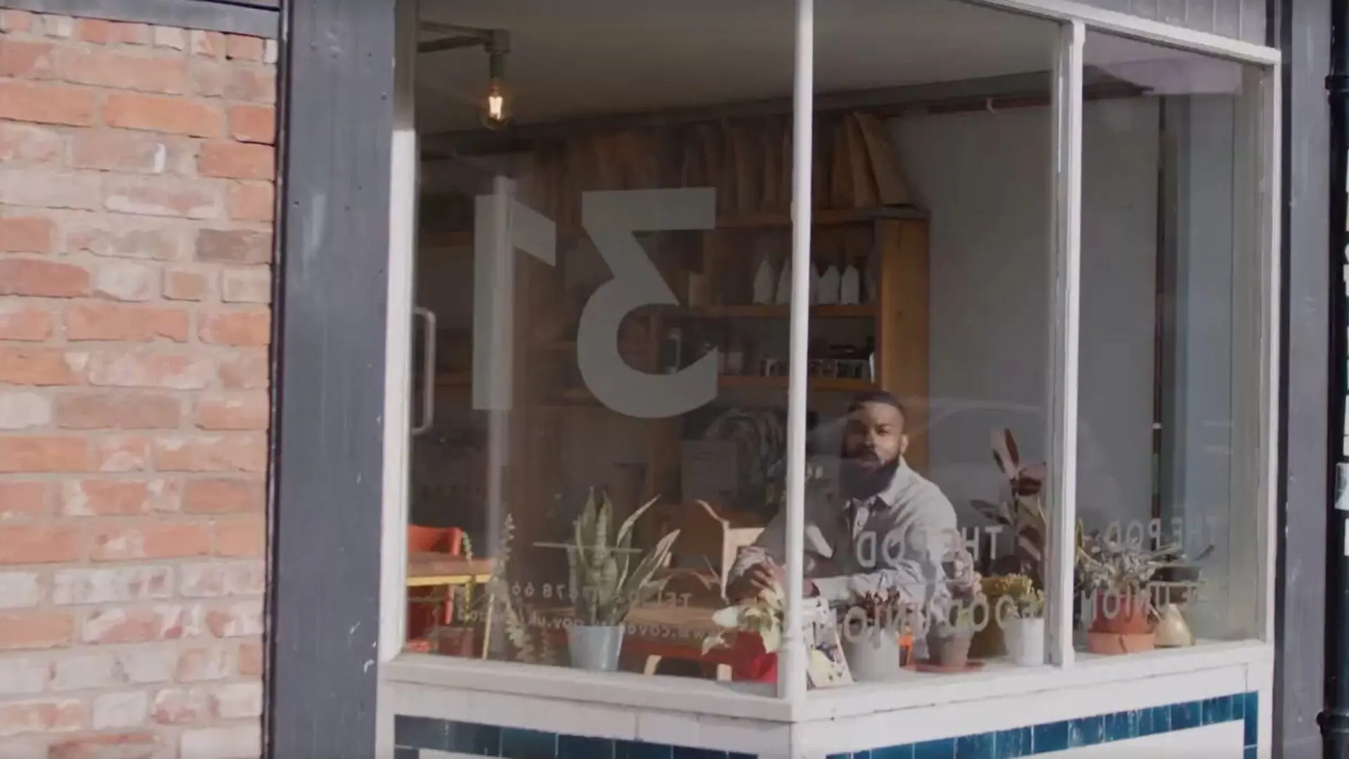 A person sits inside a cozy café or shop with large front windows, surrounded by potted plants and warm wooden decor. The number 51 is displayed in reverse on the glass.