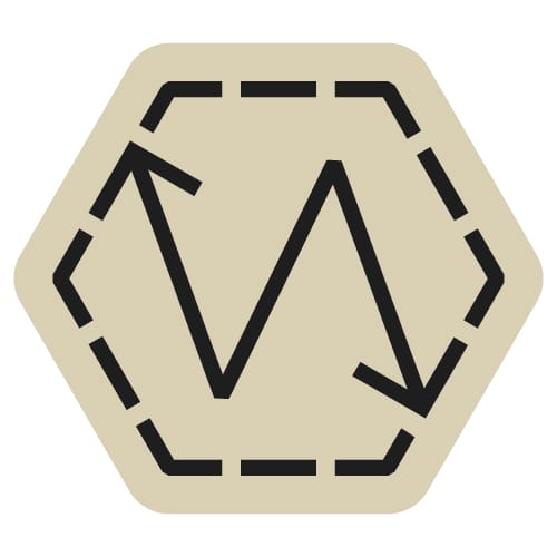 A beige hexagon with a dashed border and a bold black zigzag arrow forming a W shape inside, suggesting movement or direction.