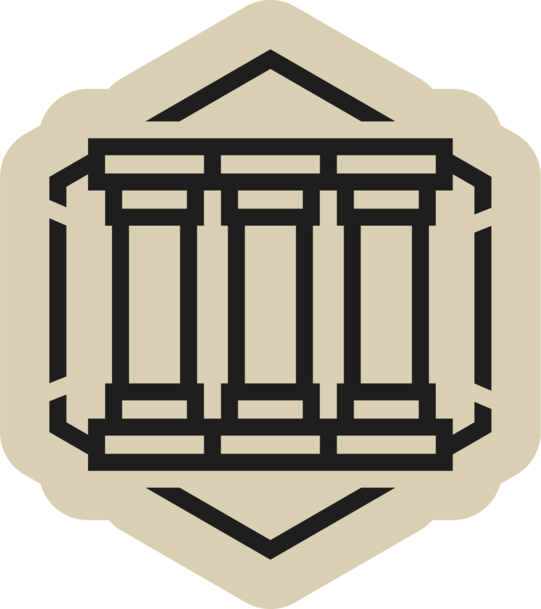 A geometric, black outlined design resembling an abstract building or structure, centered on a beige hexagonal background with stylized chevron shapes at the top and bottom.