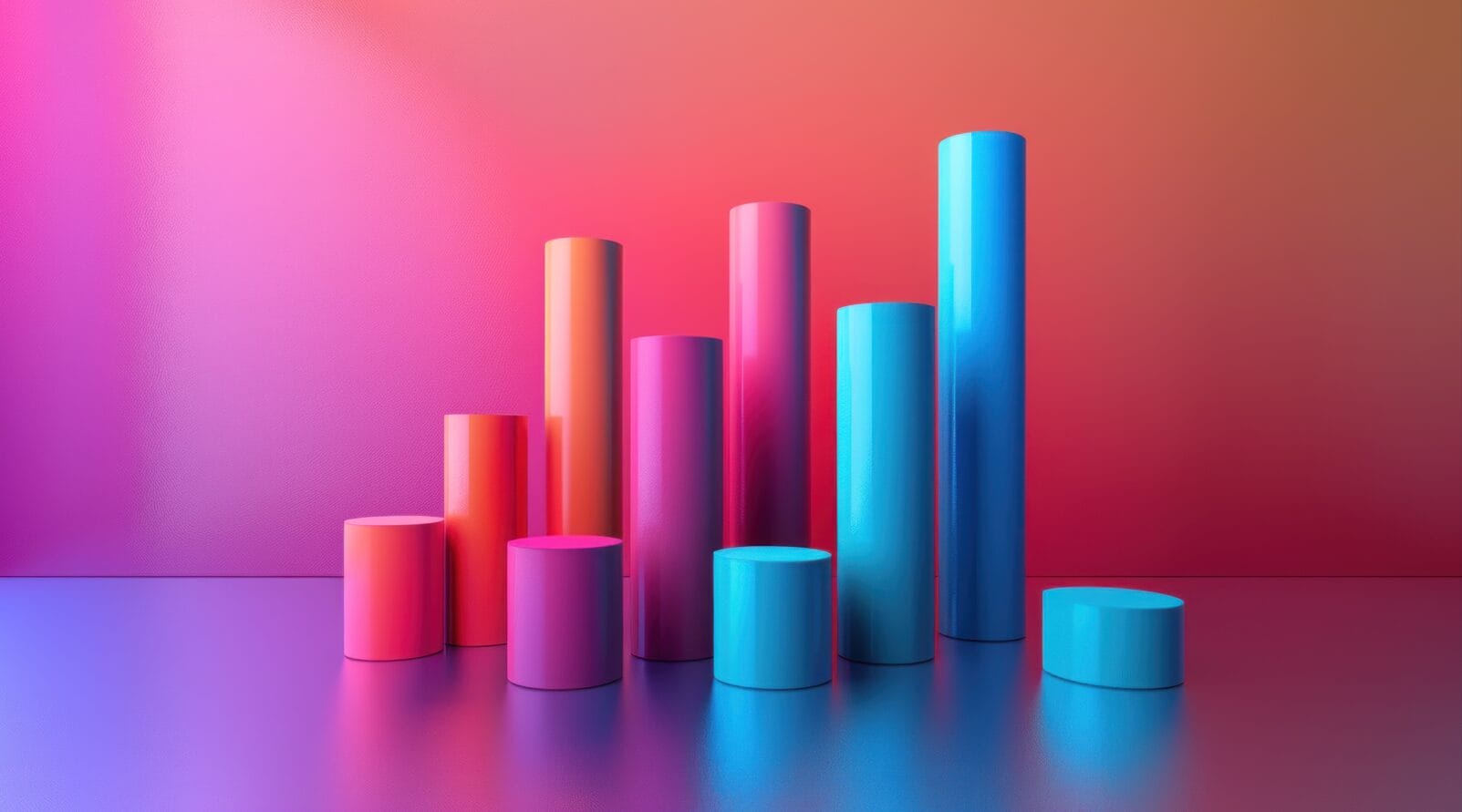 Colorful cylindrical columns of varying heights in blue, pink, and orange stand on a reflective surface against a vibrant gradient background—an eye-catching visual inspired by Trends 2025 aesthetics.