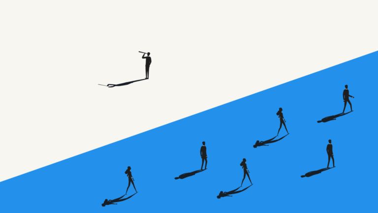 A lone figure with a telescope stands on a white background, highlighting differentiation from a group of six people on a blue surface below, all casting long shadows.