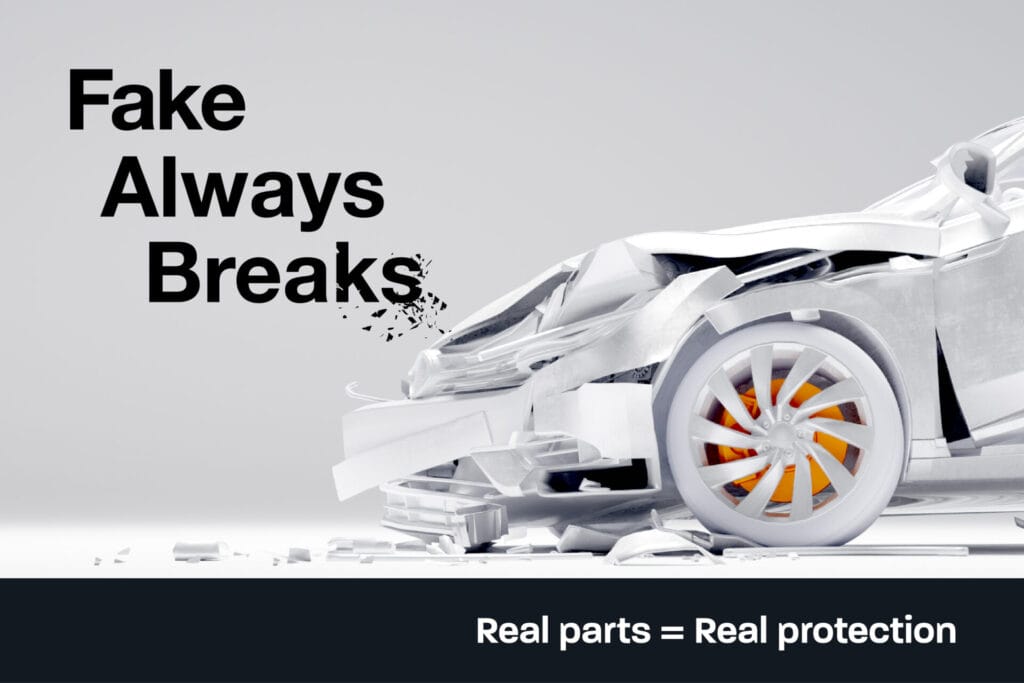 A damaged car with shattered pieces surrounds the front. Text reads Fake Always Breaks and Real parts = Real protection, emphasizing the importance of genuine car parts for safety, as advocated by the Intellectual Property Office.