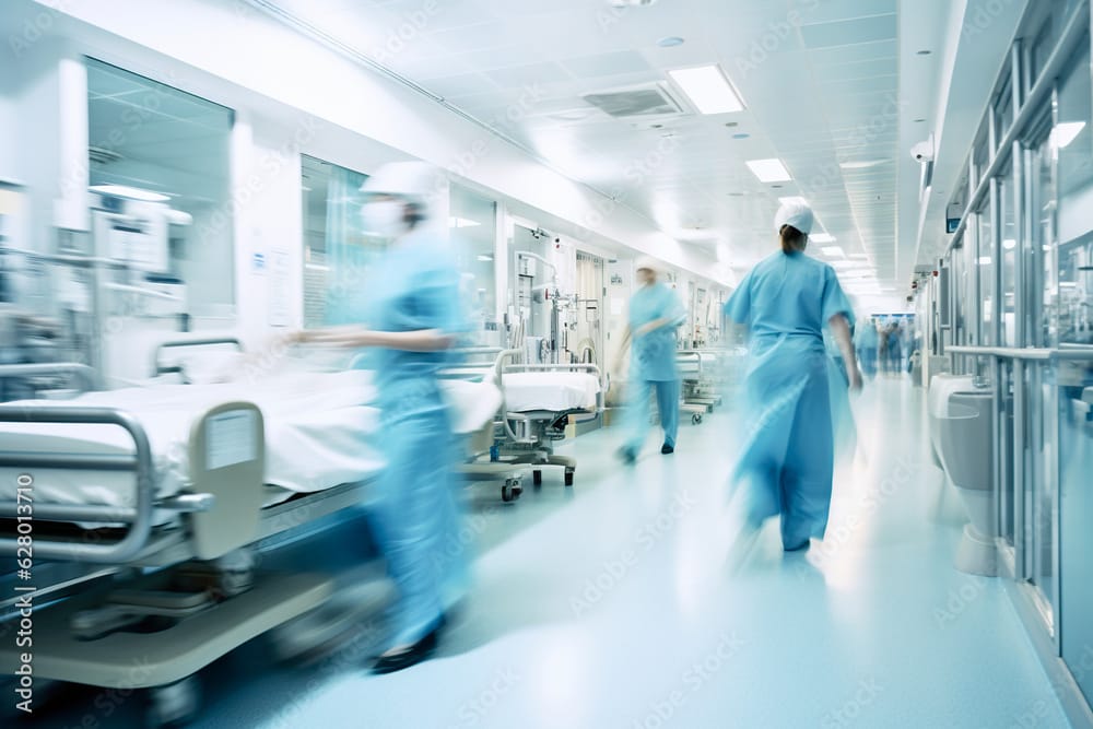 Hospital corridor with NHS medical staff in blue scrubs attending to patients on beds; the scene is busy and slightly blurred, conveying urgency and activity in a clinical healthcare environment.