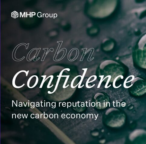 Close-up of green leaves with water droplets and text: MHP Group. Carbon Confidence. Navigating reputation in the new carbon economy for Financial Services.